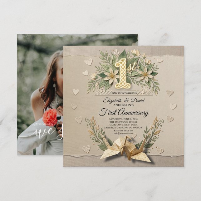 Invitation 1ère Anniversaire de Mariage en Papier Découpe de  (Devant / Derrière)