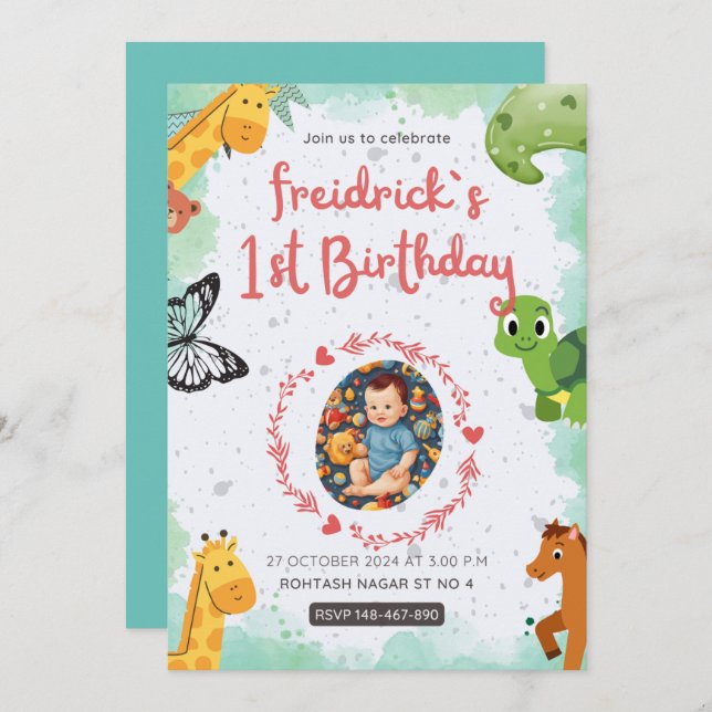 Invitation 1ère couleur bleu bleu vert bleu bleu marine (Devant / Derrière)