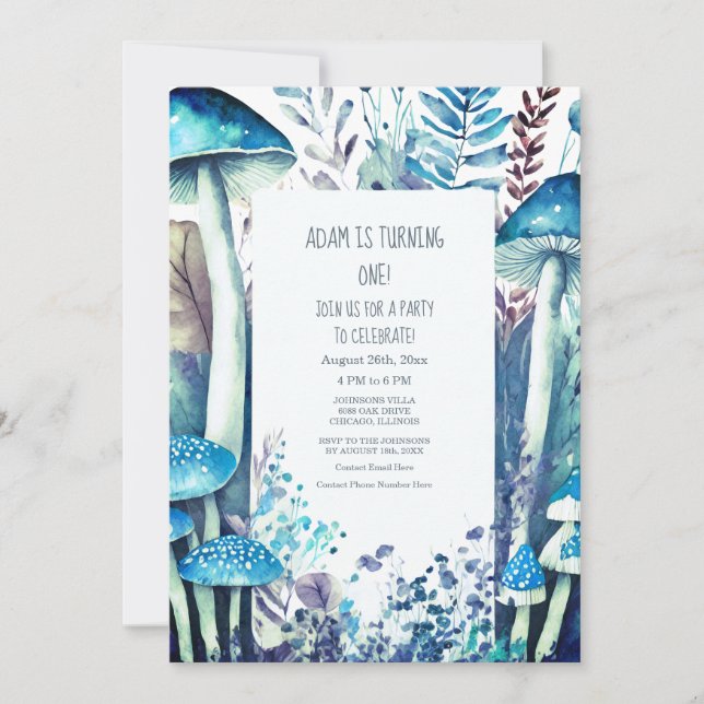 Invitation 1ère fête d'anniversaire Champignons Bois Blanc Bl (Devant)