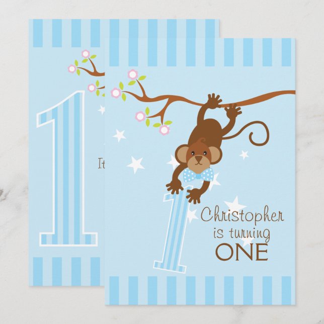 Invitation 1ère fête d'anniversaire du singe à la chèvre bleu (Devant / Derrière)