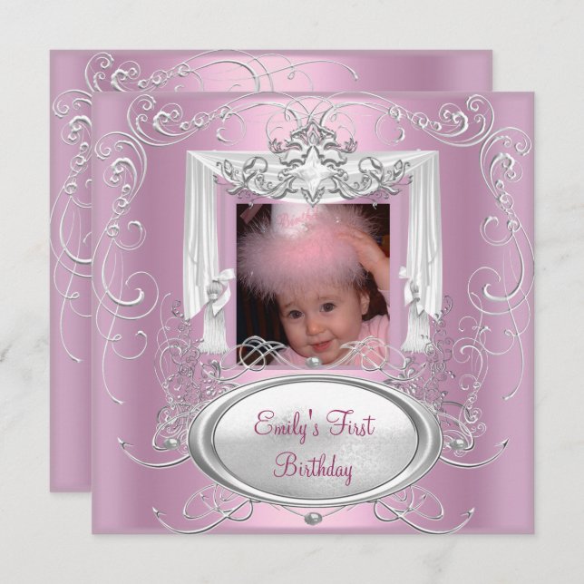 Invitation 1ère fête d'anniversaire fille rose argent étoile (Devant / Derrière)