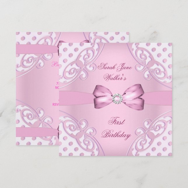 Invitation 1ère fête d'anniversaire fille rose blanc Polka po (Devant / Derrière)