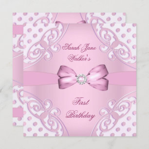 Invitation 1ère fête d'anniversaire fille rose blanc Polka po