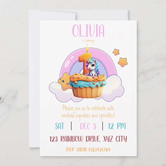 Invitation 1ère fête d'anniversaire Rainbow Unicorn Cupcake (Devant)