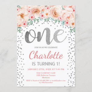 Invitation 1ère fête d'anniversaire - Rose argenté blanc