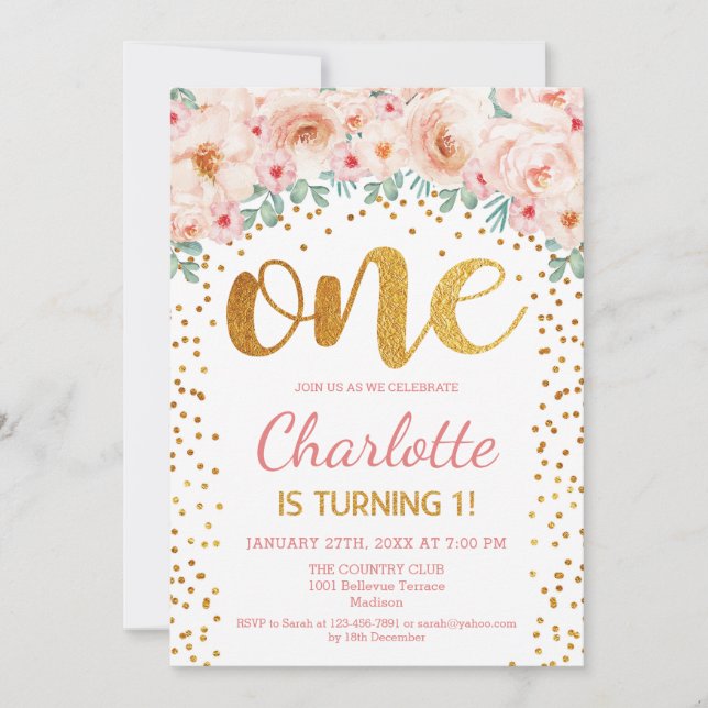 Invitation 1ère fête d'anniversaire - Rose or blanc (Devant)