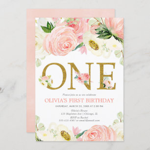 Invitation 1ère fille d'anniversaire, blush rose or floral él