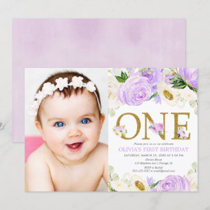 Invitation 1ère fille d'anniversaire, photo florale d'or viol