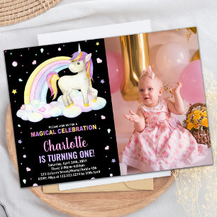 Invitation 1ère Floral Black Photo Unicorn Anniversaire Invit