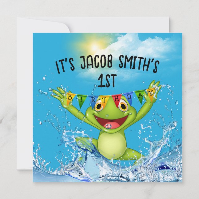 Invitation 1ère grenouille d'anniversaire Jumpling dans l'eau (Devant)