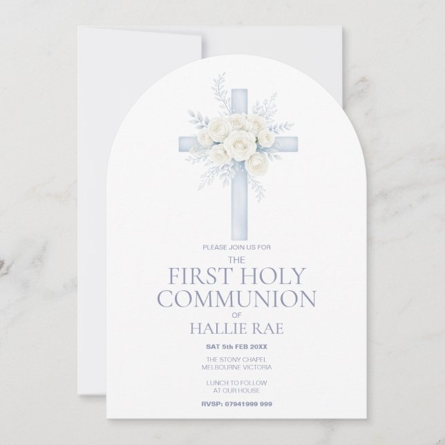 Invitation 1ère Première Communion, Croix Florale Bleue Arqué (Devant)