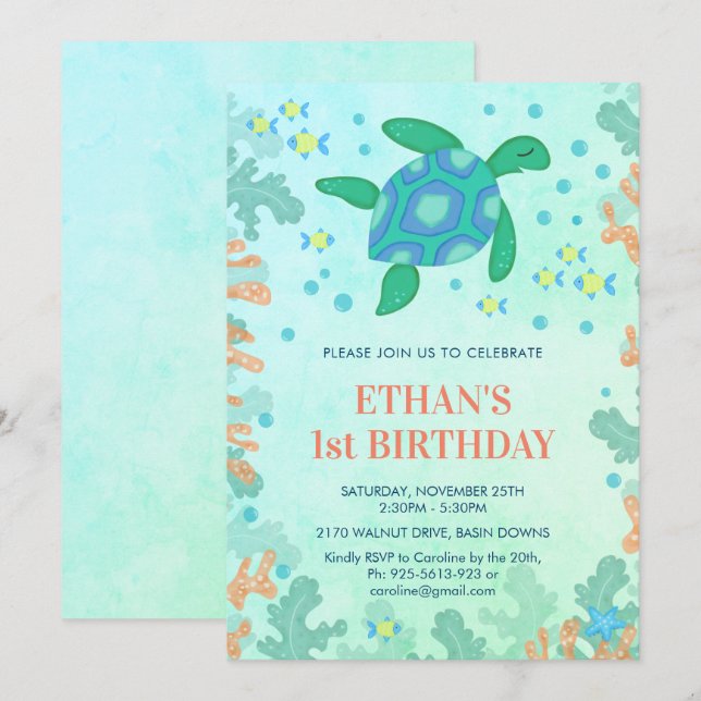 Invitation 1ère tortue d'anniversaire sous la mer (Devant / Derrière)