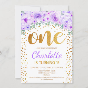 Invitation 1re fête d'anniversaire - Gold Purple blanc
