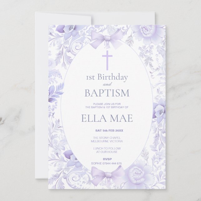 Invitation 1st Birthday and Baptism for Girl Lilac Floral (Devant)
