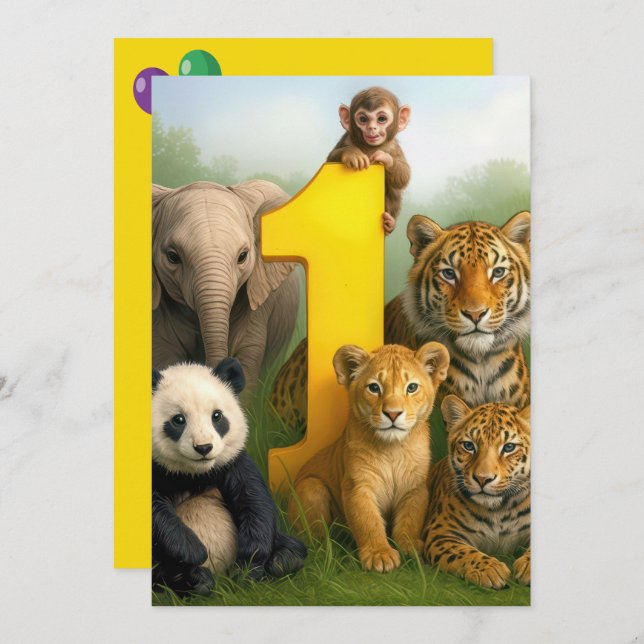 Invitation 1st Birthday Party Wildlife Animal Babies (Devant / Derrière)