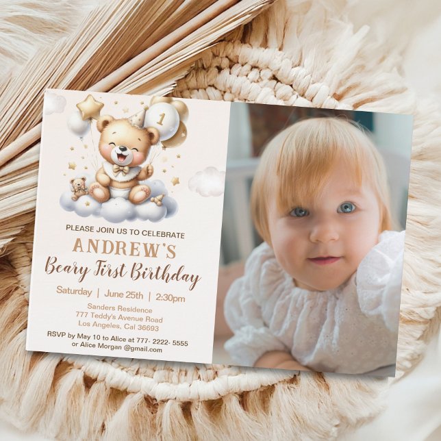 Invitation 1st Birthday Teddy Bear with Brown Balloons (Créateur téléchargé)