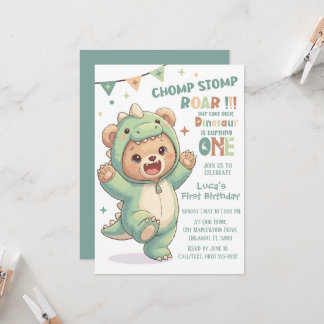 Invitation 1st Dino Birthday Party | Cute Teddy Bear Dinosaur