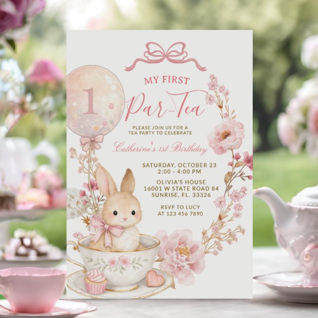Invitation 1st Par-Tea Bunny First Birthday Party Girl  (Créateur téléchargé)