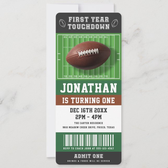 Invitation 1st Year Touchdown Football Birthday Party Ticket (Devant)