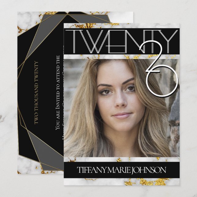 Invitation 2020 Gold Marble MODERNE de la photo cadre Graduat (Devant / Derrière)