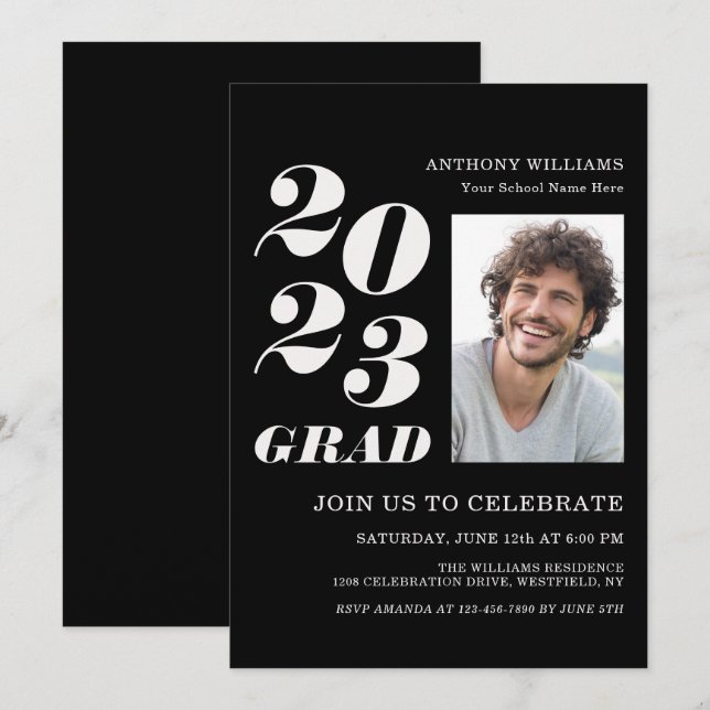 Invitation 2021 Grad Party Bold Texte sur noir avec votre pho (Devant / Derrière)