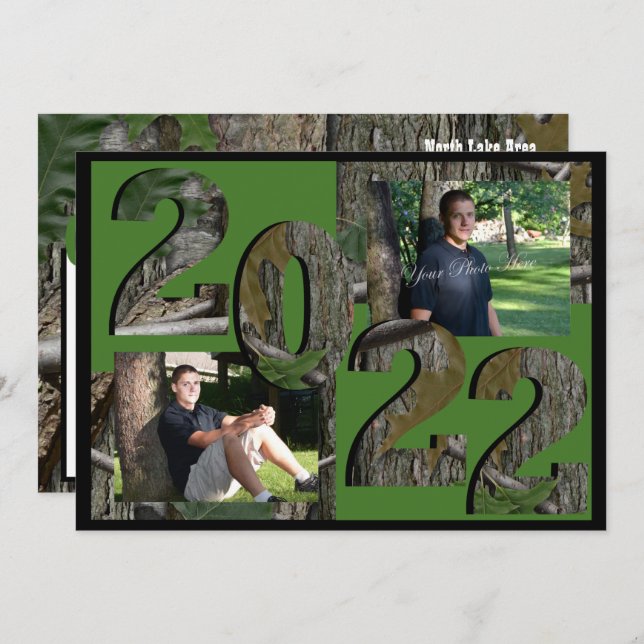 Invitation 2022 Arbre Camo Graduation Twin Photo Hunter Green (Devant / Derrière)