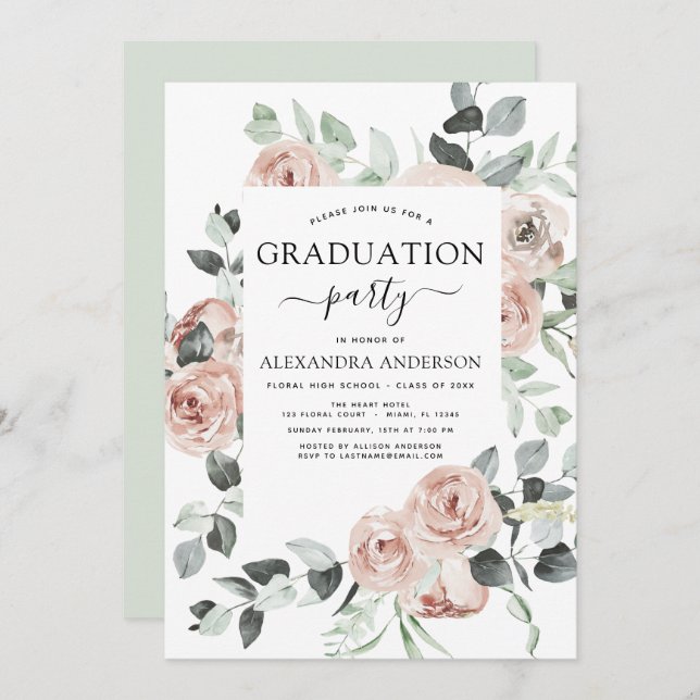 Invitation 2022 Dusty Pink Graduation Floral Greenery (Devant / Derrière)