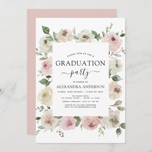 Invitation 2022 Dusty Pink Graduation Floral Greenery (Devant / Derrière)
