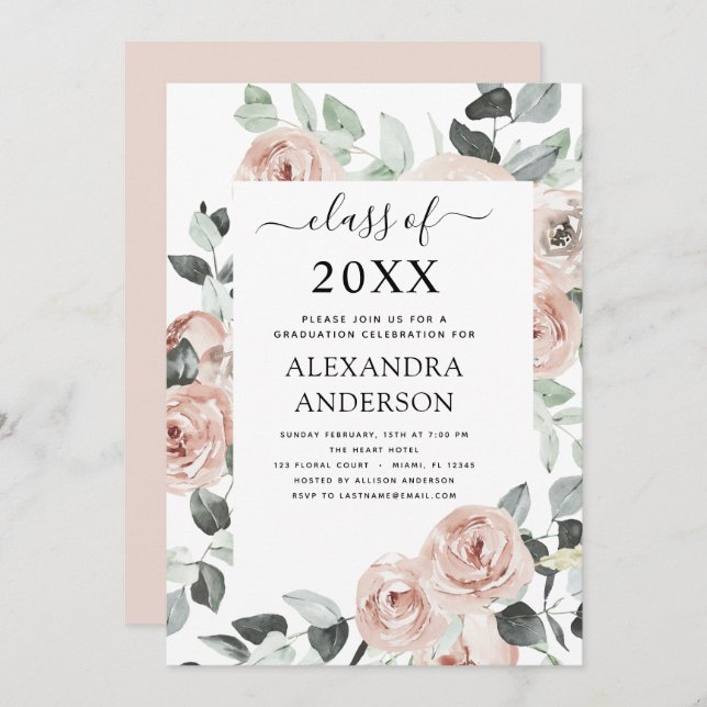 Invitation 2022 Dusty Pink Graduation Floral Greenery Invitat (Devant / Derrière)
