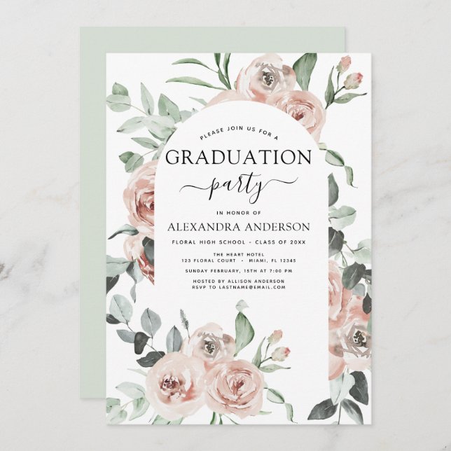 Invitation 2022 Dusty Pink Graduation Floral Greenery Invitat (Devant / Derrière)