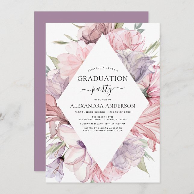Invitation 2022 Graduation Boho Dusty rose violet (Devant / Derrière)