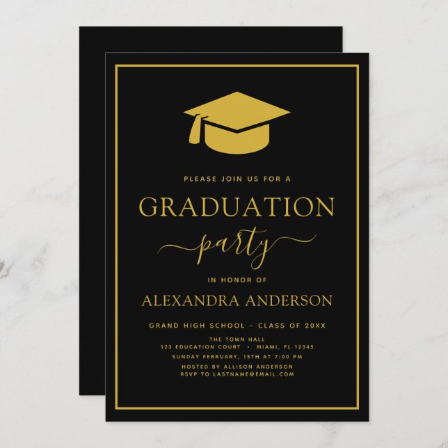 Invitation 2022 Graduation Party Black Or moderne Elégant dan (Devant / Derrière)