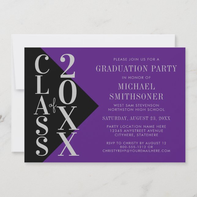 Invitation 2022 Graduation Silver Purple Couleur de l'école p (Devant)