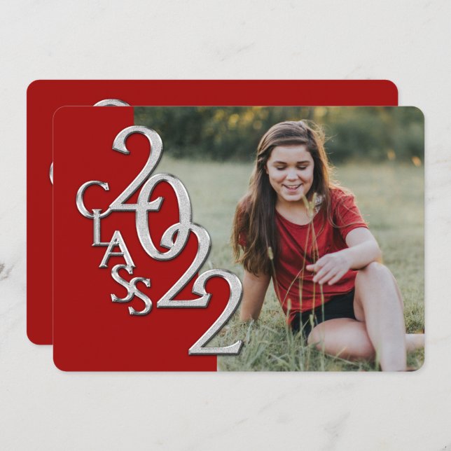 Invitation 2022 Silver and Red Graduation with Photo (Devant / Derrière)