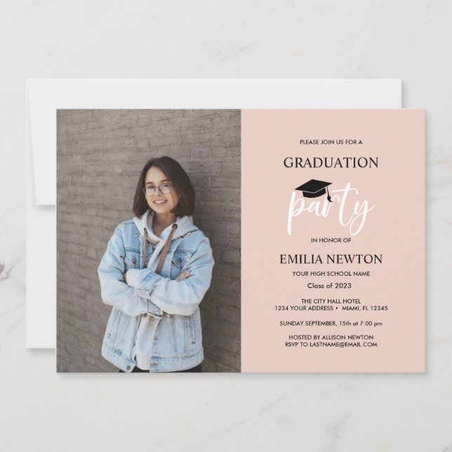 Invitation 2023 Blush Black Photo Graduation Party (Devant)