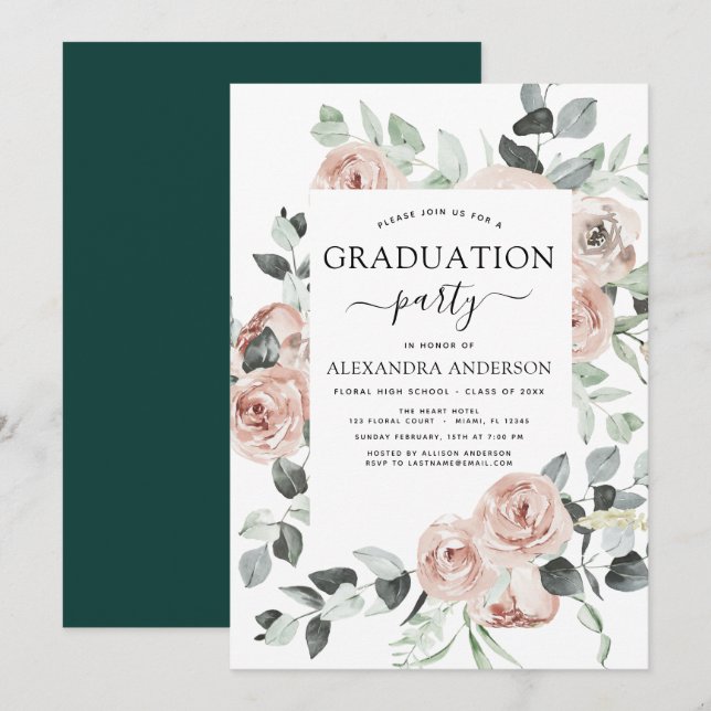 Invitation 2023 Emerald Green Graduation Floral Green (Devant / Derrière)
