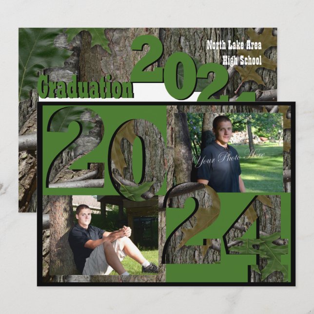 Invitation 2024 Arbre Camo Graduation Twin Photo Hunter Green (Devant / Derrière)