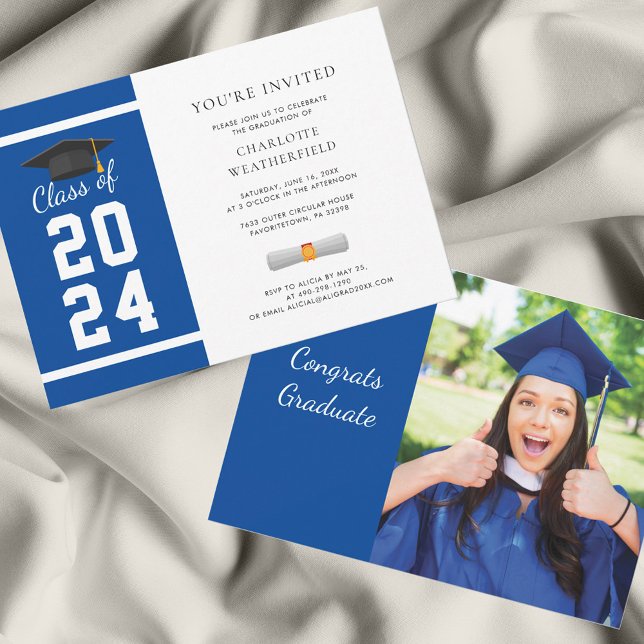 Invitation 2024 Graduate Photo Blue Graduation Party (Grad Photo Royal Blue Graduation Party Invitation)