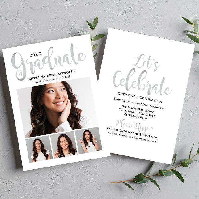 Invitation 2025 Graduate Silver Script Photo Collage Party (Créateur téléchargé)