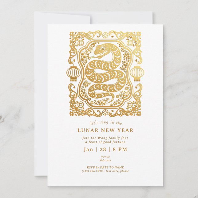 Invitation 2025 Nouvel An Lunaire Du Snake White Gold Party (Devant)
