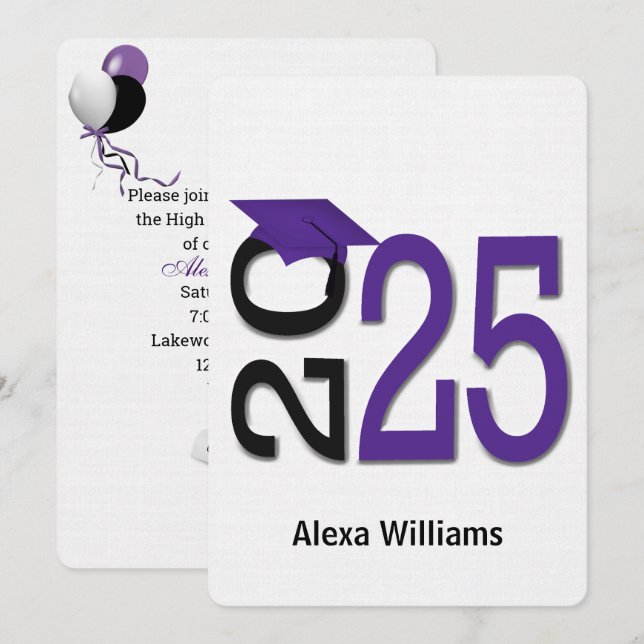 Invitation 2025 Purple and Black Graduation Party (Devant / Derrière)