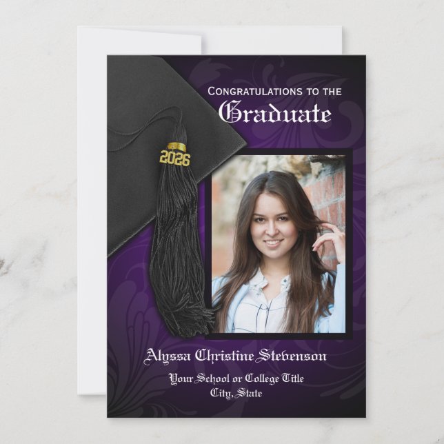 Invitation 2025 Purple Black Tassel Charme Photo Graduation (Devant)