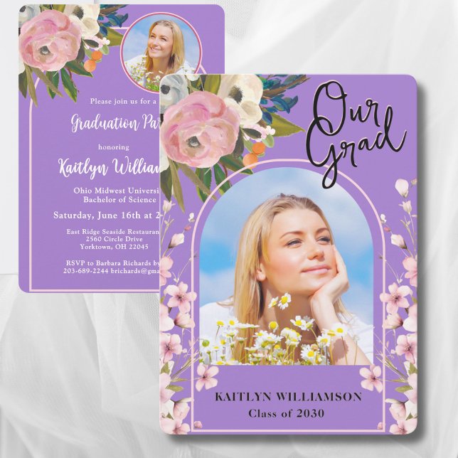 Invitation 2025 Watercolor Rose Floral Photo Graduation Party (Créateur téléchargé)