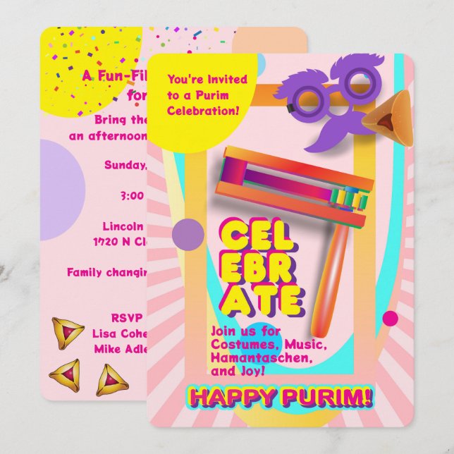 Invitation 2026 Joyeuse Fête de Pourim pour Tous les Âges (Devant / Derrière)