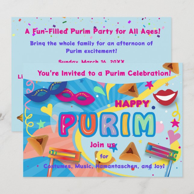 Invitation 2026 Joyeux Festival de Pourim (Devant / Derrière)