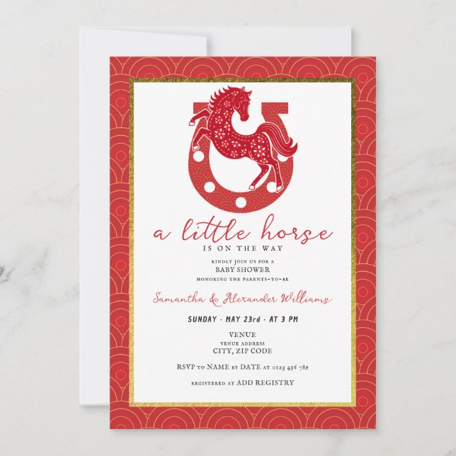 Invitation 2026 Little Horse Floral Horseshoe Red Baby Shower (Devant)