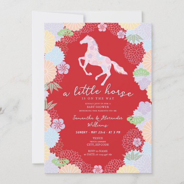 Invitation 2026 Little Horse Floral Red Garden Baby Shower (Devant)