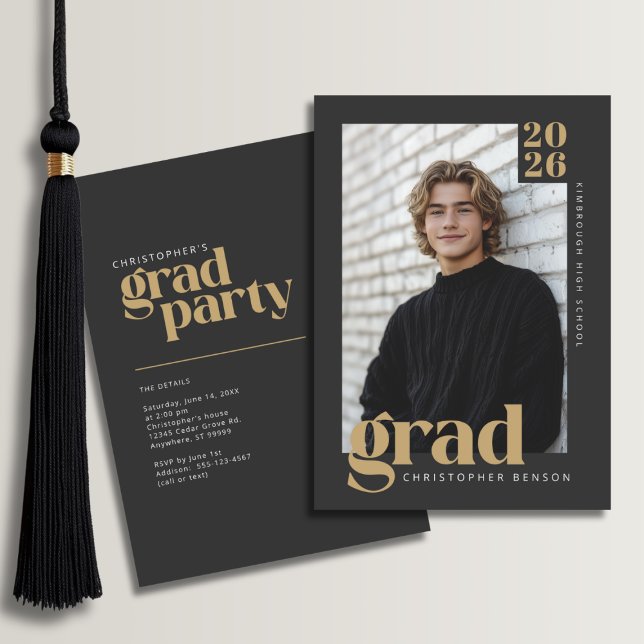 Invitation 2026 Modern Charcoal Gold Graduation Party (Front and Back View)