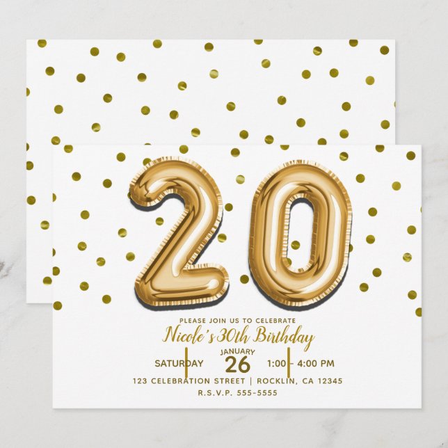 Invitation 20 Ballons Dorés & Confettis Fête d'anniversaire 2 (Devant / Derrière)