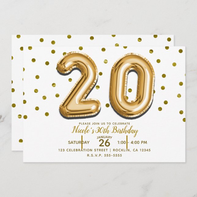 Invitation 20 Gold Balloons & Confetti 20e fête d'anniversair (Devant / Derrière)
